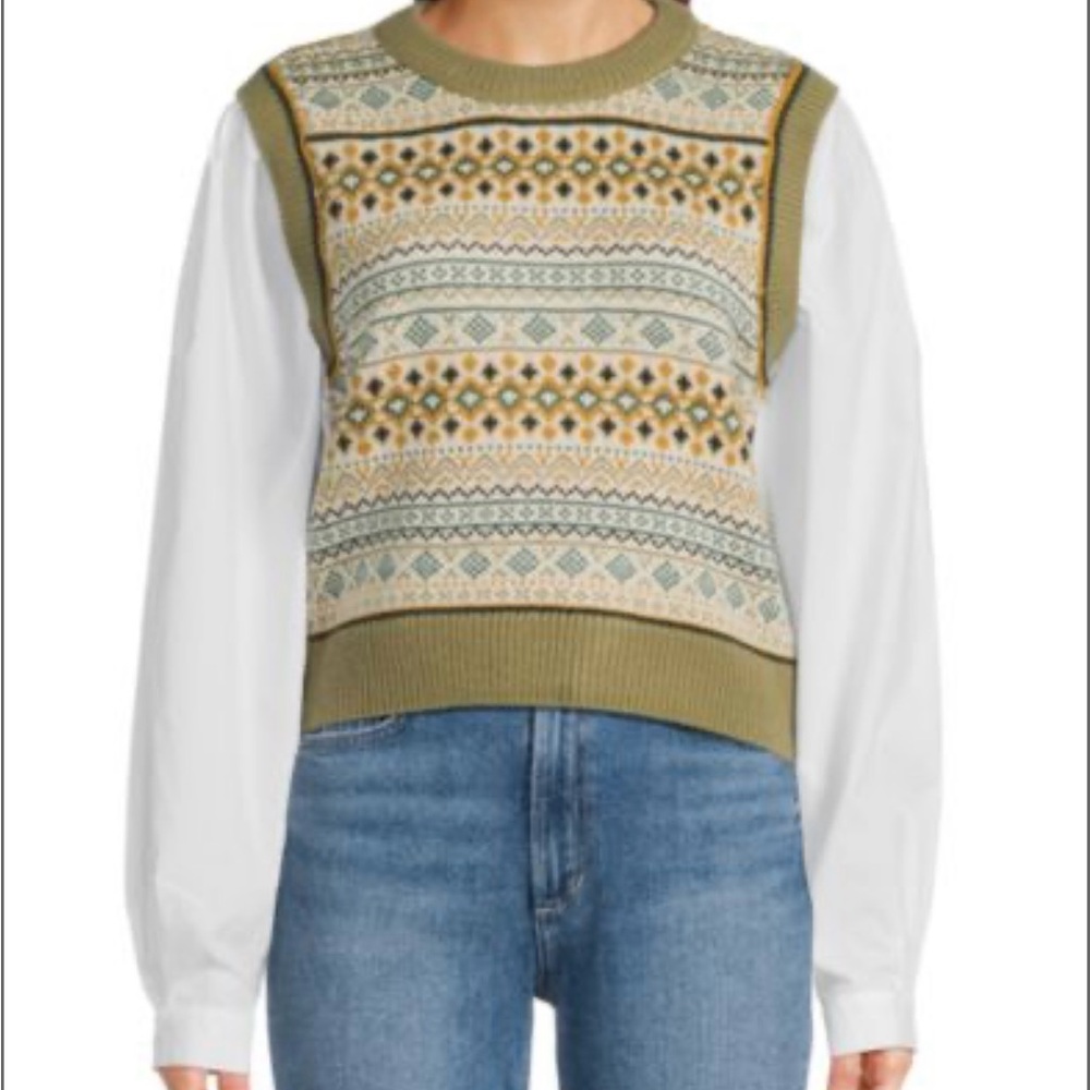 Patterned Knit Vest with White Sleeves